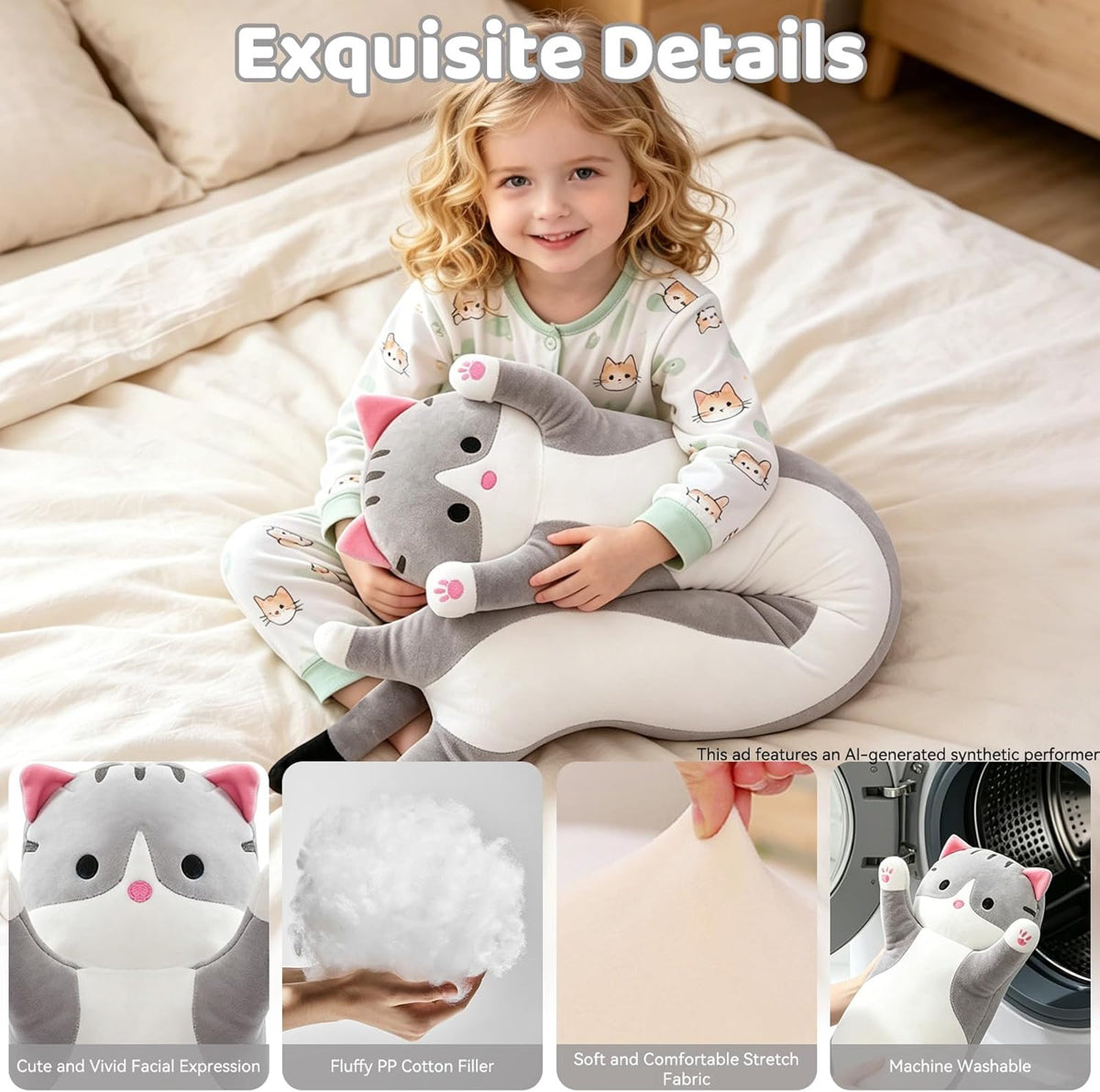 Cute Long Cat Plush Body Pillow, Soft Stuffed Animals 19.7 Inch