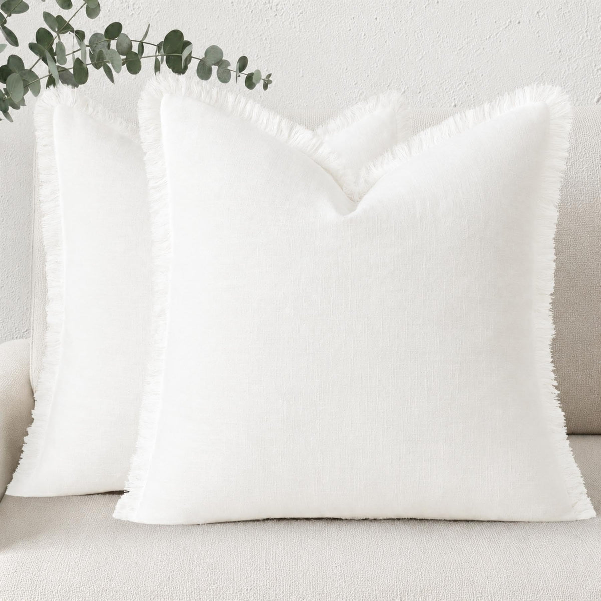 decorUhome Linen Fringe Natural Beige Throw Pillow Covers 18x18 Set of 2