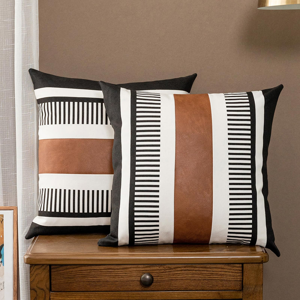 Decorative Striped Throw Pillow Cover 20x20 Inch Black White & Brown
