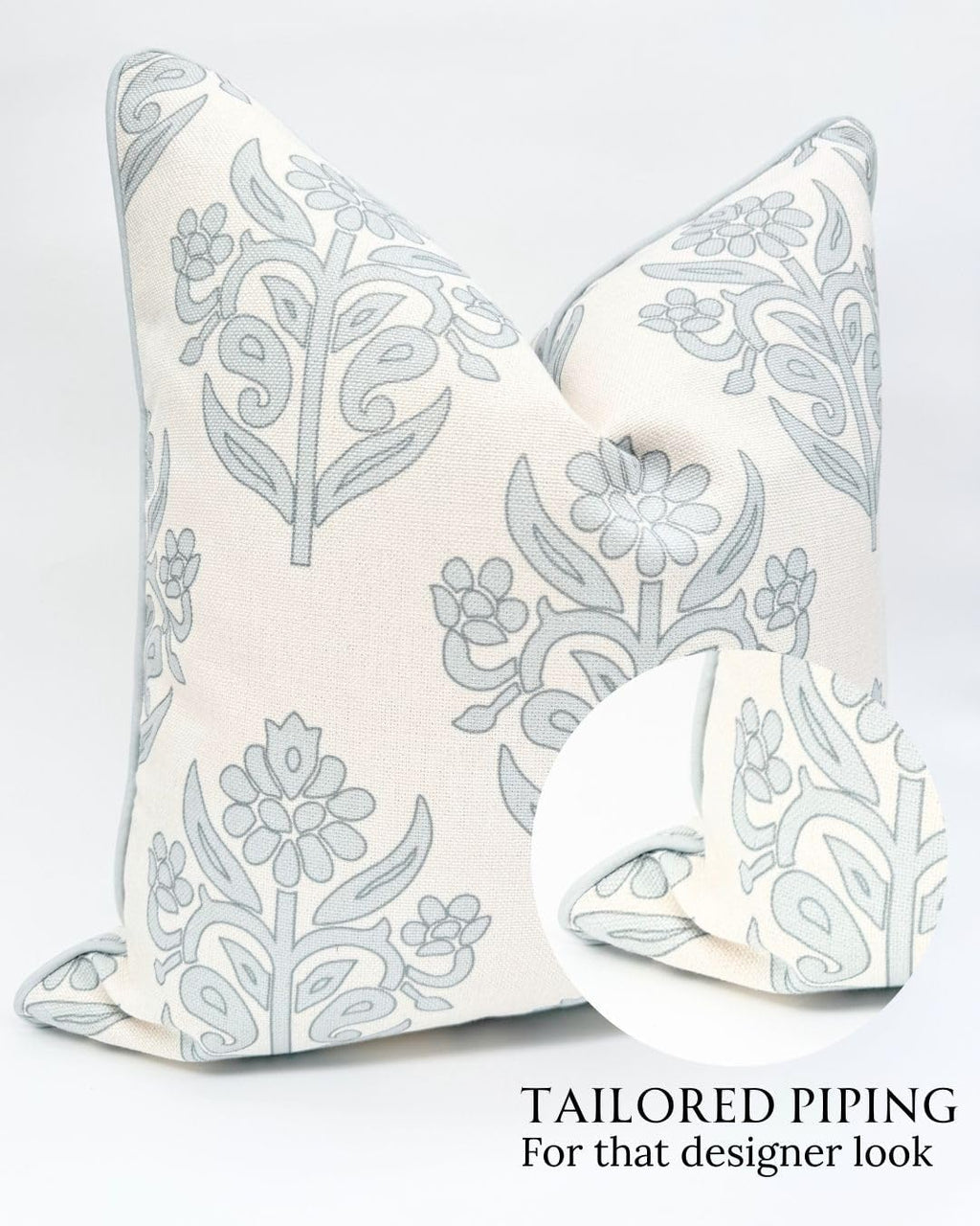 Jillien Harbor “The Naples” Floral Block Print Pillow Cover – Grey and White Blue Decorative Throw Pillow Cover – Grandmillennial Home Decor, 20" x 20"