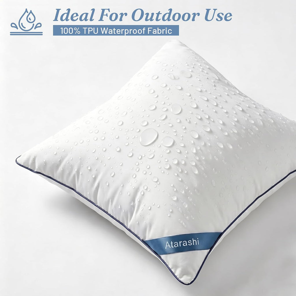 Atarashi 18 x 18 Outdoor Pillow Inserts (Pack of 2)- Waterproof Firm and Fluffy Square Throw Pillows - Decorative Pillow Forms for Couch Sofa Bed Patio Furniture - White