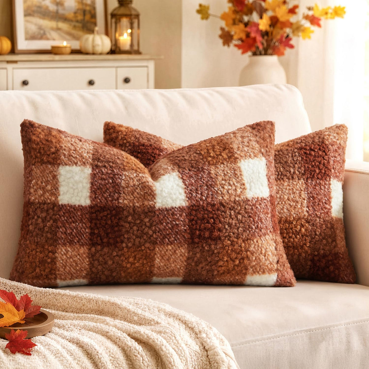 MIULEE Fall Plaid Pillow Covers Boucle Khaki White 18x18 Set of 2