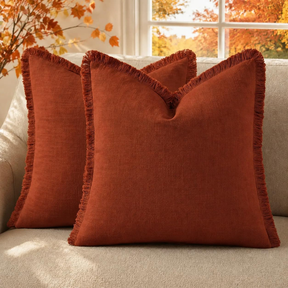decorUhome Linen Fringe Natural Beige Throw Pillow Covers 18x18 Set of 2