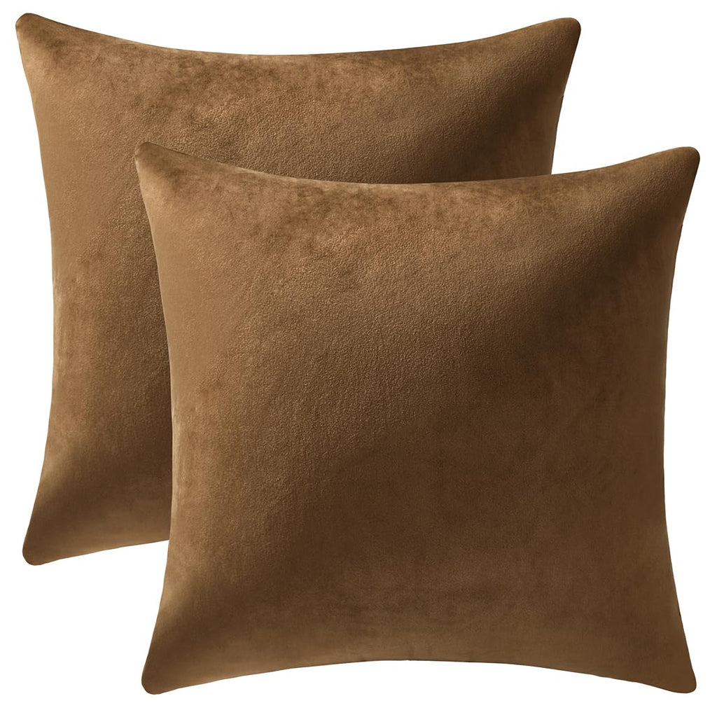 DEZENE Throw Pillow Covers 20x20 Chocolate Brown: Pack of 2 Cozy Soft Velvet Square Modern Luxury Decorative Throw Pillow Cases for Sofa Couch Living Room Bed Home Decor