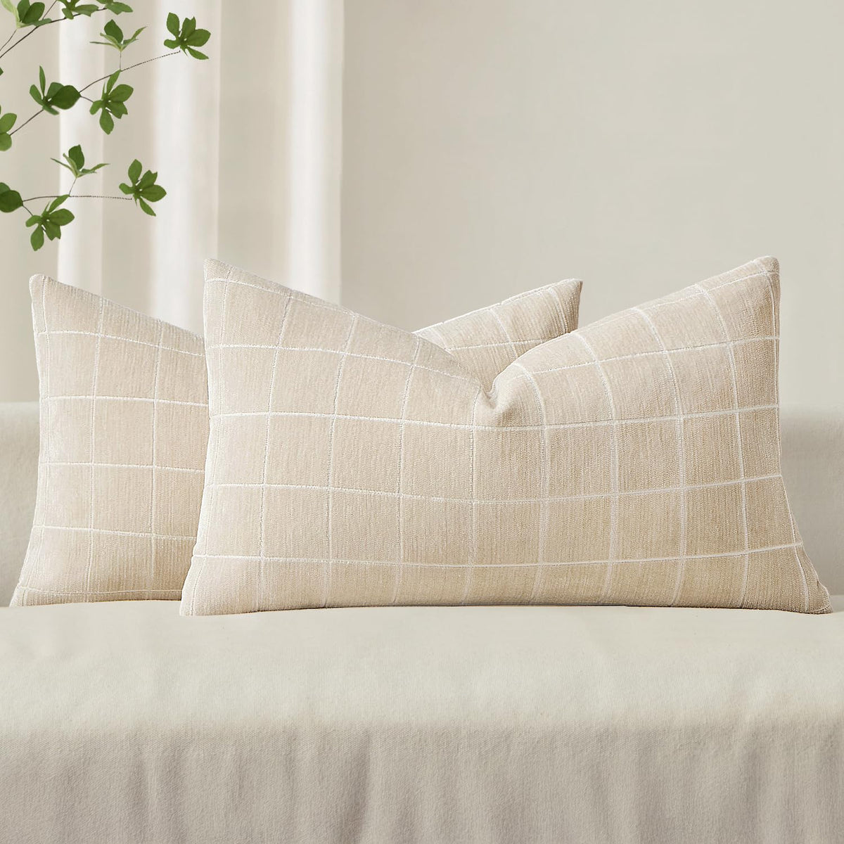 MIULEE Taupe Grey Plaid Decorative Fall Throw Pillow Covers 20x20 Set of 2
