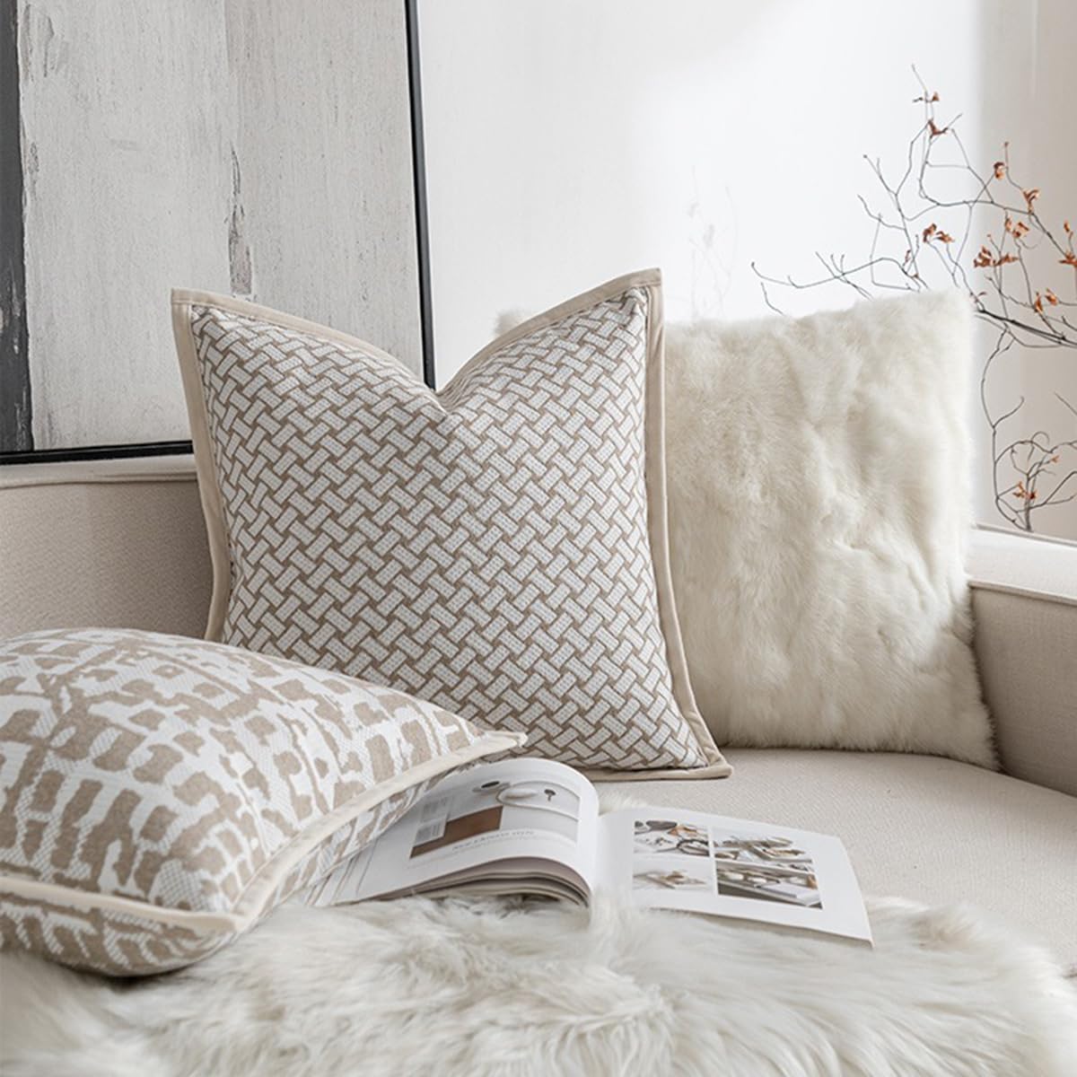 Croker Horse 20x20'' Inches Throw Pillow Cushion Cover - Grid Pattern Chenille Jacquard Embroidery Luxury Modern Style Couch Sofa Pillow for Living Room Bedroom