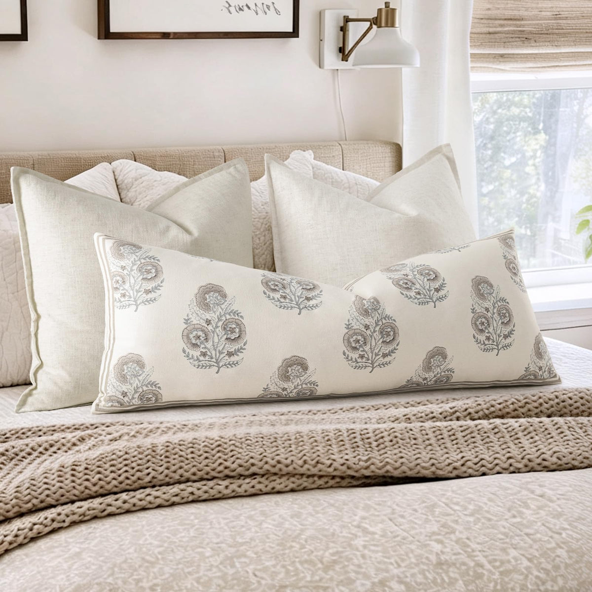 Vintage Floral 14x36 Lumbar Pillow Cover for Bed Pack of 1, Double-Sided Botanical Print Decorative Long Pillowcase Farmhouse Cushion Cover for Sofa Couch Living Bed Room, Sage Green (Cover Only)