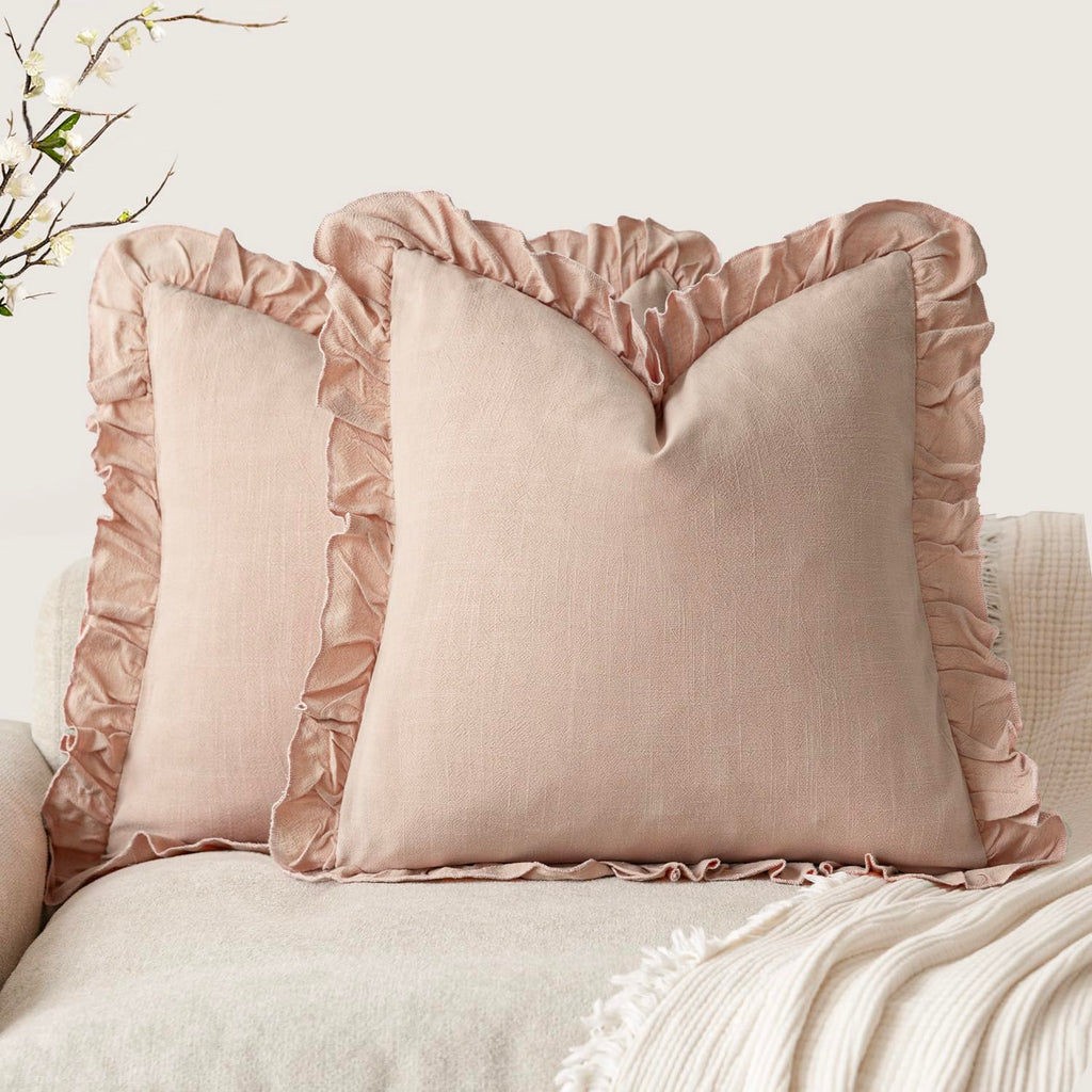 Foindtower Set of 2 Decorative Soild Fringe Ruffle Throw Pillow Covers Soft Boho Farmhouse Cushion Cover Cozy Accent Retro Pillowcase for Couch Sofa Bed Living Room Home Decor,20×20 Inch,Natural Beige