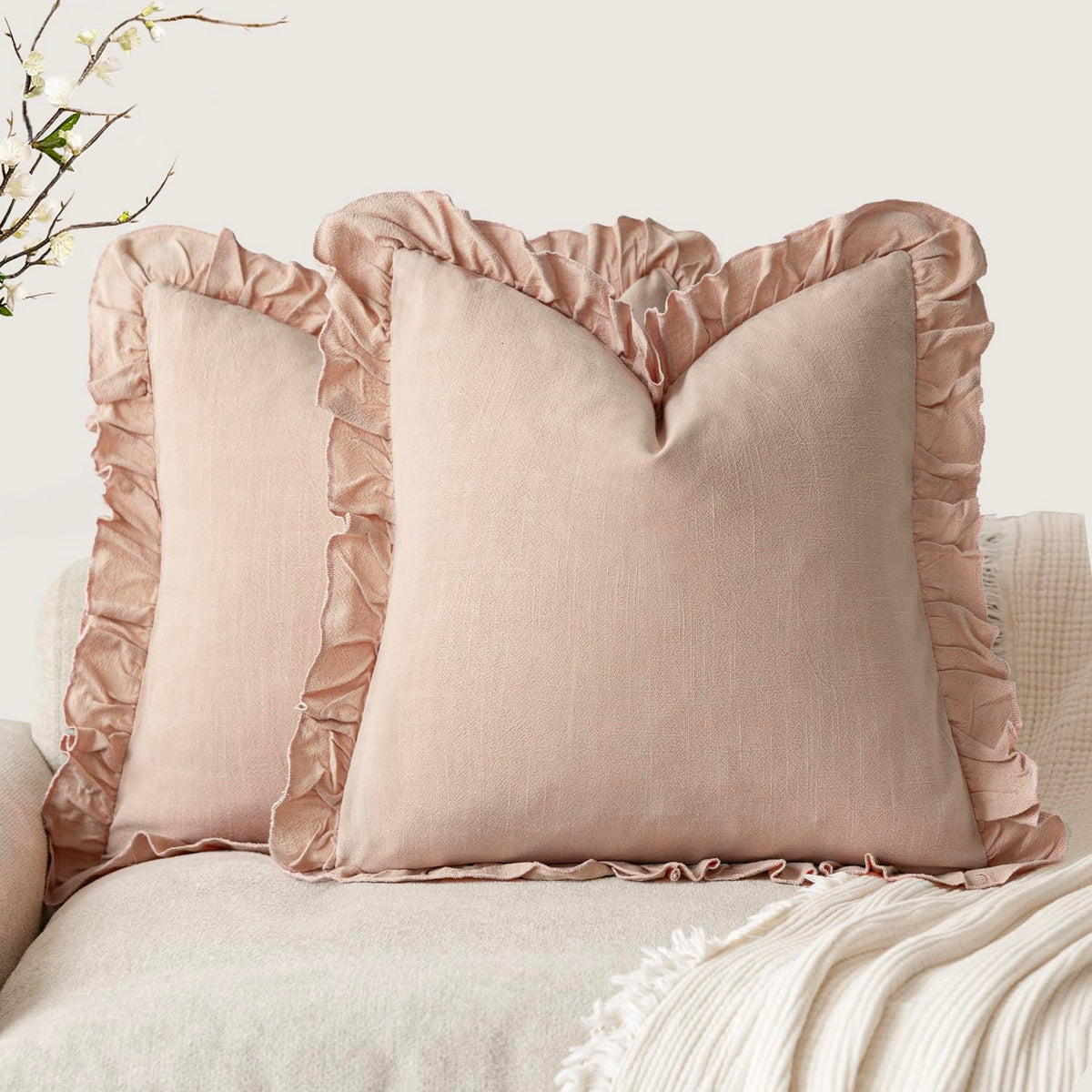 Foindtower Set of 2 Decorative Soild Fringe Ruffle Throw Pillow Covers Soft Boho Farmhouse Cushion Cover Cozy Accent Retro Pillowcase for Couch Sofa Bed Living Room Home Decor,20×20 Inch,Natural Beige