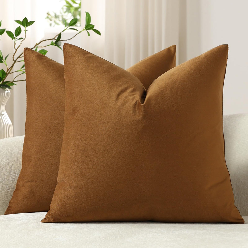 DEZENE Throw Pillow Covers 20x20 Chocolate Brown: Pack of 2 Cozy Soft Velvet Square Modern Luxury Decorative Throw Pillow Cases for Sofa Couch Living Room Bed Home Decor