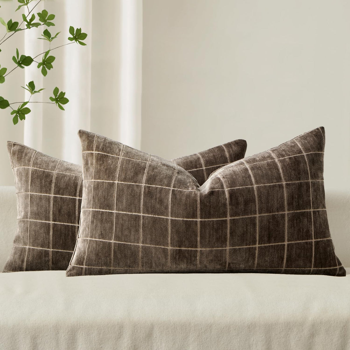 MIULEE Taupe Grey Plaid Decorative Fall Throw Pillow Covers 20x20 Set of 2