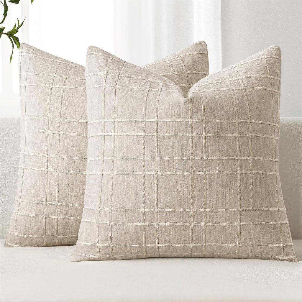 MIULEE Linen Plaid Pillow Covers Decorative 20x20 Natural Beige