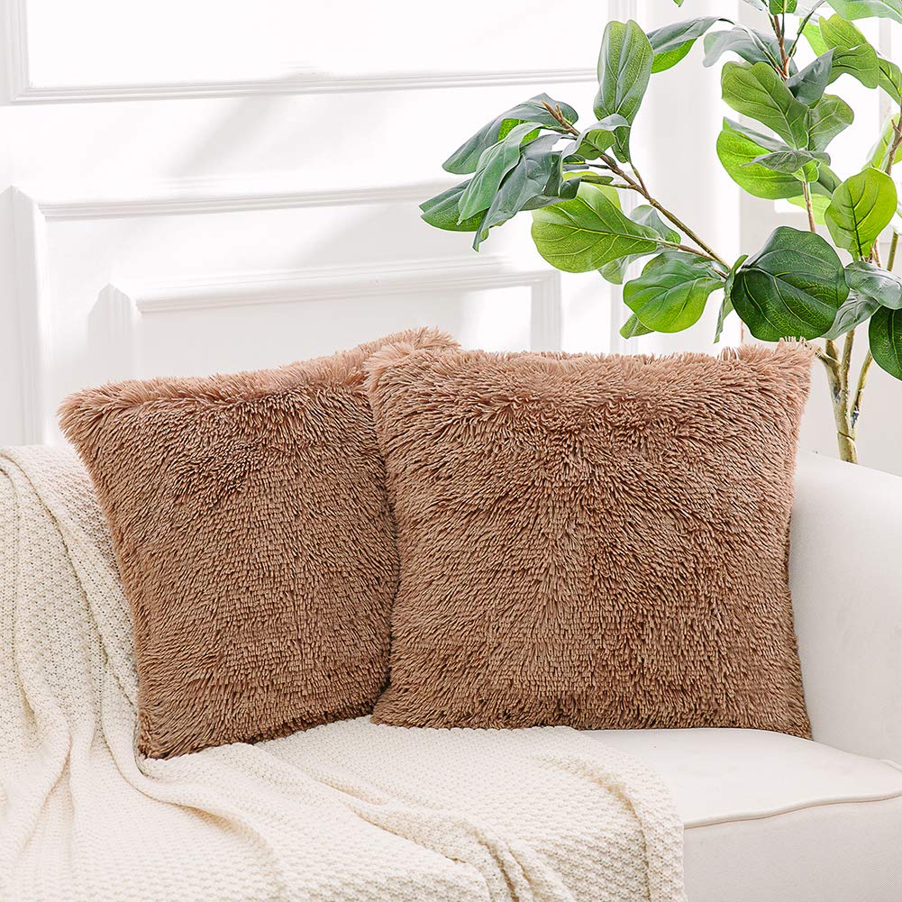 NordECO HOME Luxury Soft Faux Fur Fleece Cushion Cover Pillowcase Spring Decorative Throw Pillows Covers, No Pillow Insert, 18" x 18" Inch, White, 2 Pack