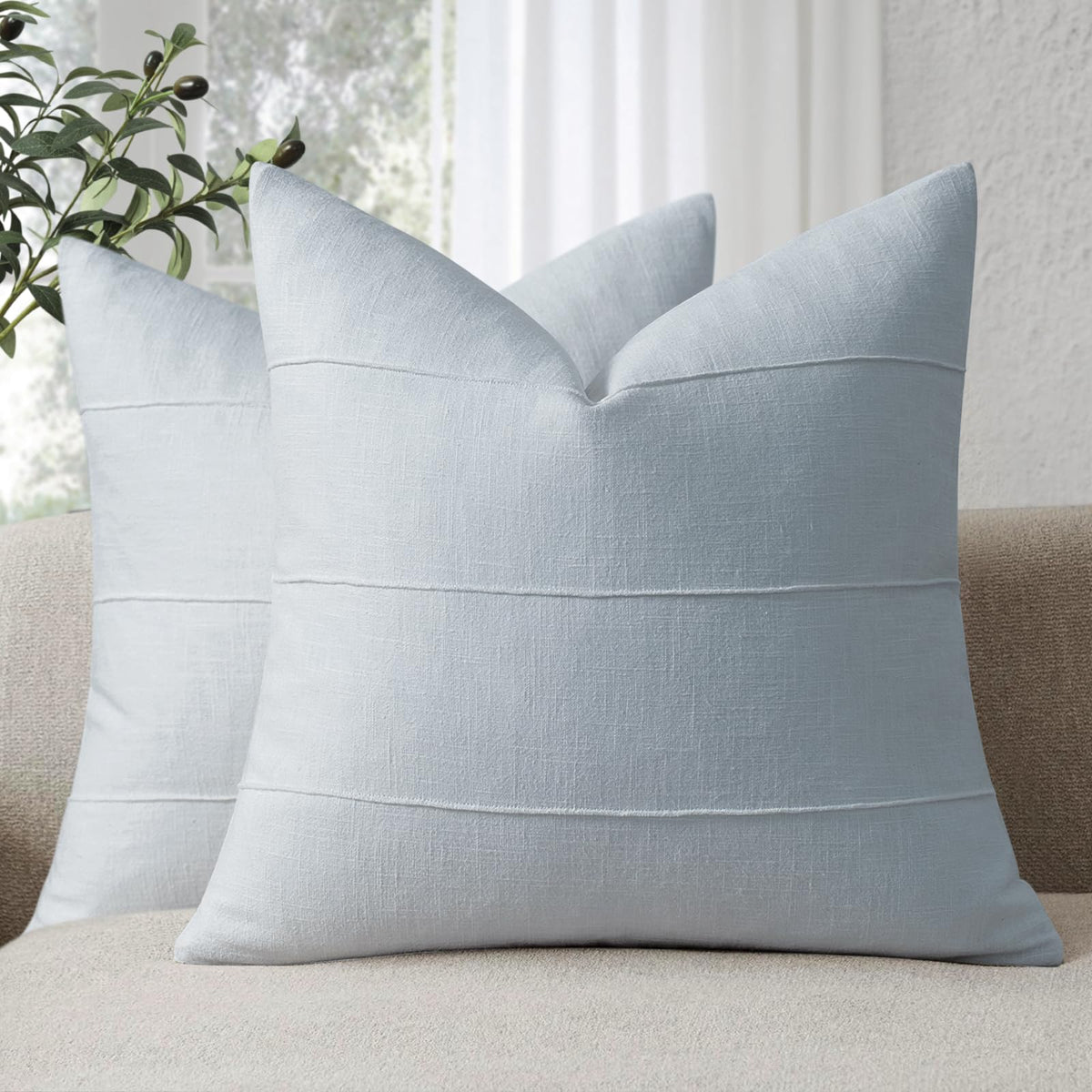 Decorative Linen Throw Pillow Covers 18x18 Set of 2 Solid handcrafted Striped Cushion Covers for Bed Soft Modern Farmhouse Neutral Pillowcase for Couch Bedroom Living Room Home Decor(Natural Beige)