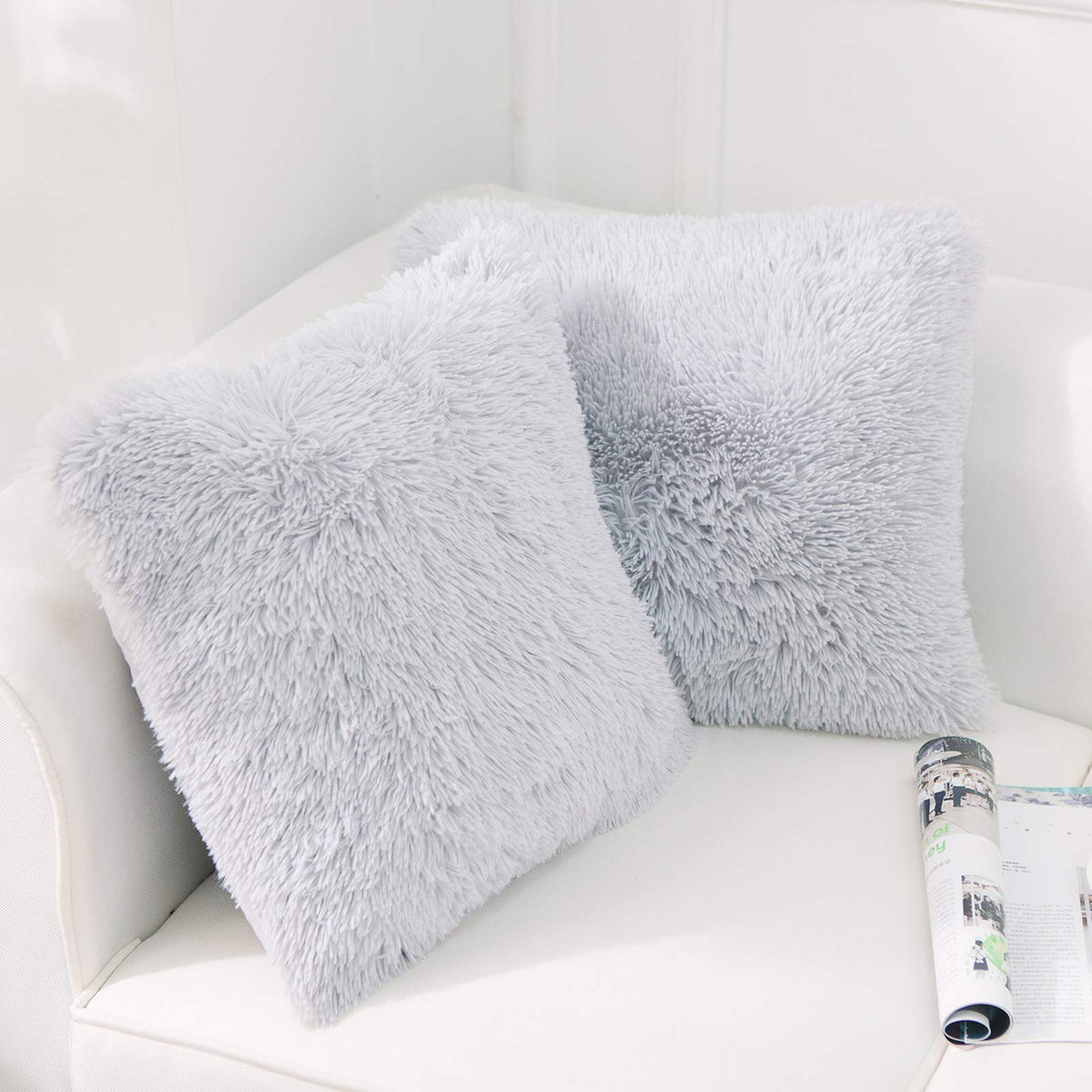 NordECO HOME Luxury Soft Faux Fur Fleece Cushion Cover Pillowcase Spring Decorative Throw Pillows Covers, No Pillow Insert, 18" x 18" Inch, White, 2 Pack