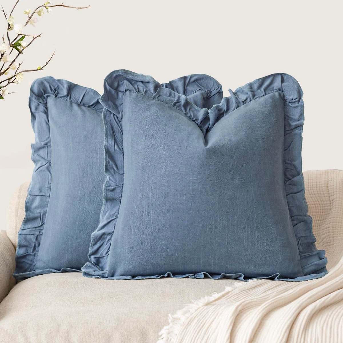 Foindtower Set of 2 Decorative Soild Fringe Ruffle Throw Pillow Covers Soft Boho Farmhouse Cushion Cover Cozy Accent Retro Pillowcase for Couch Sofa Bed Living Room Home Decor,20×20 Inch,Natural Beige