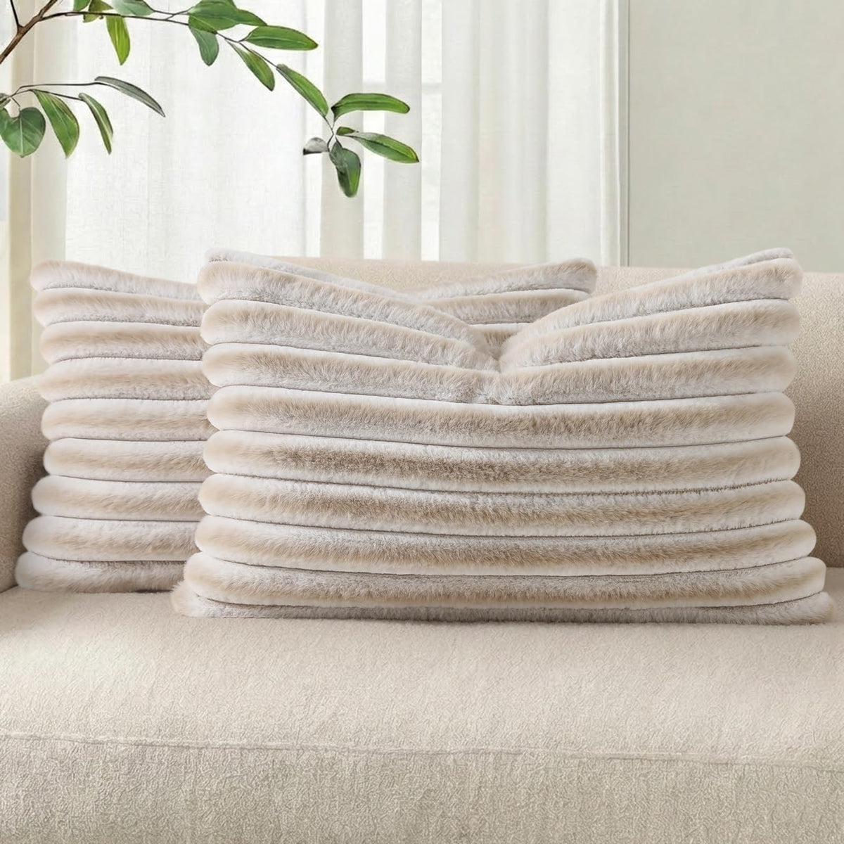 Pallene Faux Fur Decorative Throw Pillow Covers 18x18 Set of 2, Cream White