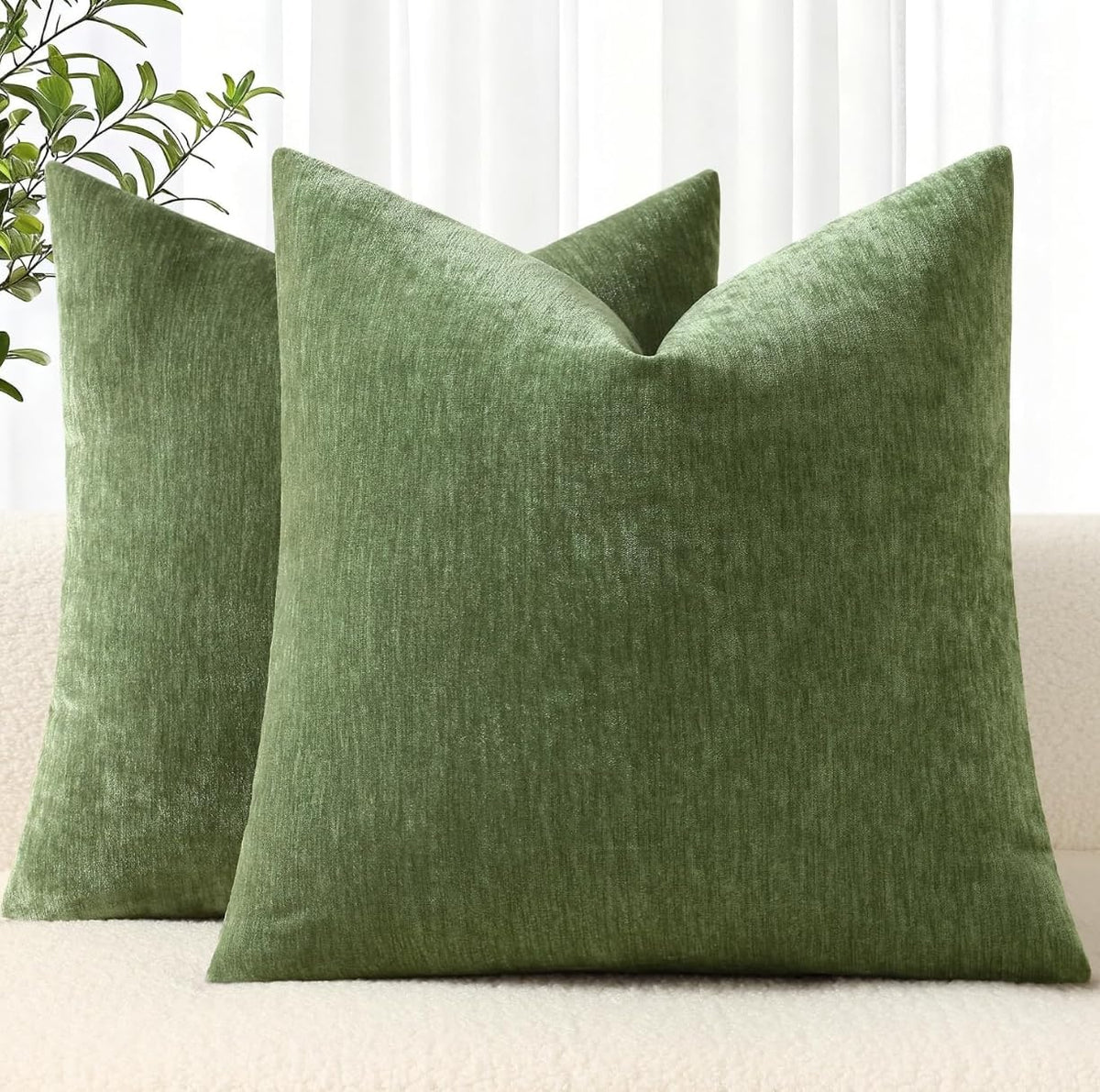 decorUhome Soft Chenille Moss Green Throw Pillow Covers 18X18 Set of 2