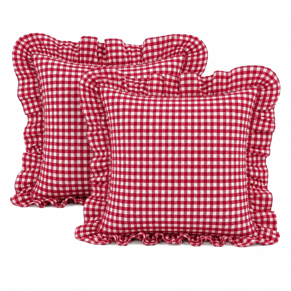 Gingham Throw Pillow Covers 18x18, Warm Taupe/White, Ruffle Trim