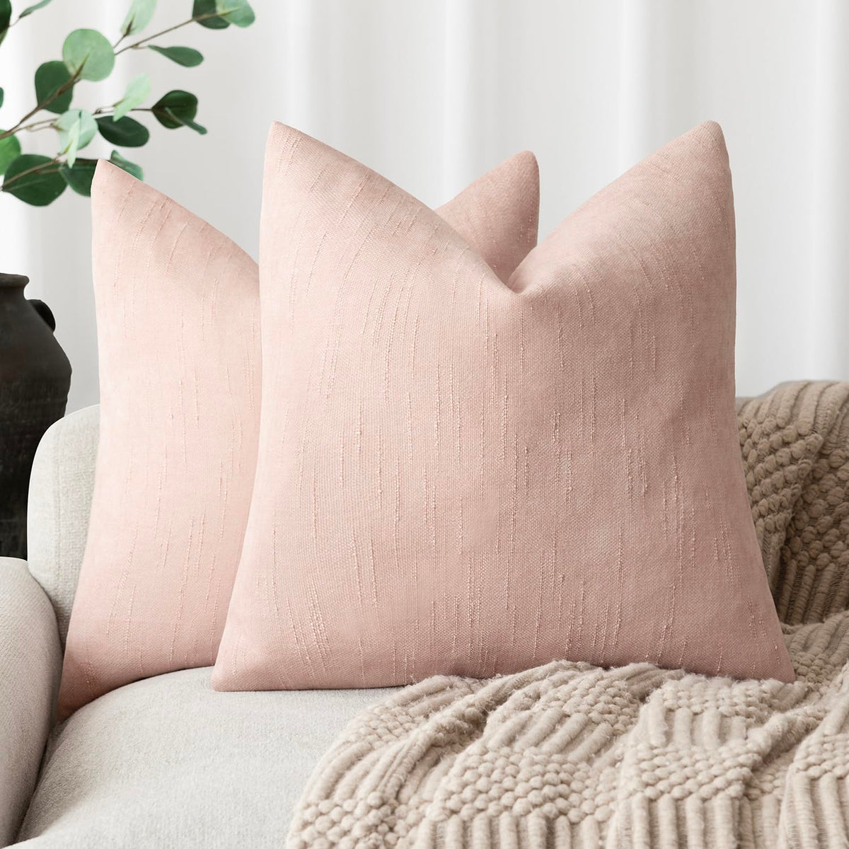 Foindtower Solid Textured Chenille Throw Pillow Covers 20x20 Inch,Taupe