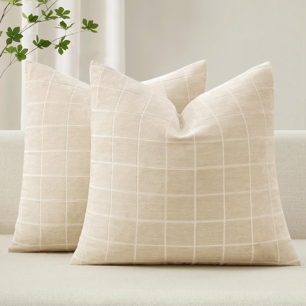 MIULEE Taupe Grey Plaid Decorative Fall Throw Pillow Covers 20x20 Set of 2