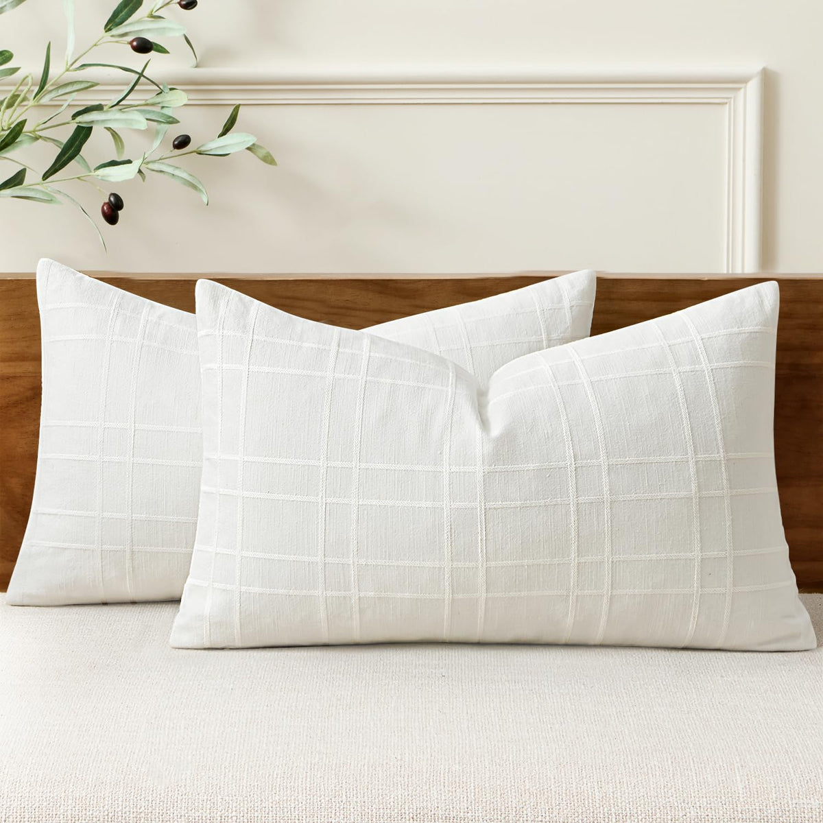 MIULEE Linen Plaid Pillow Covers Decorative 20x20 Natural Beige