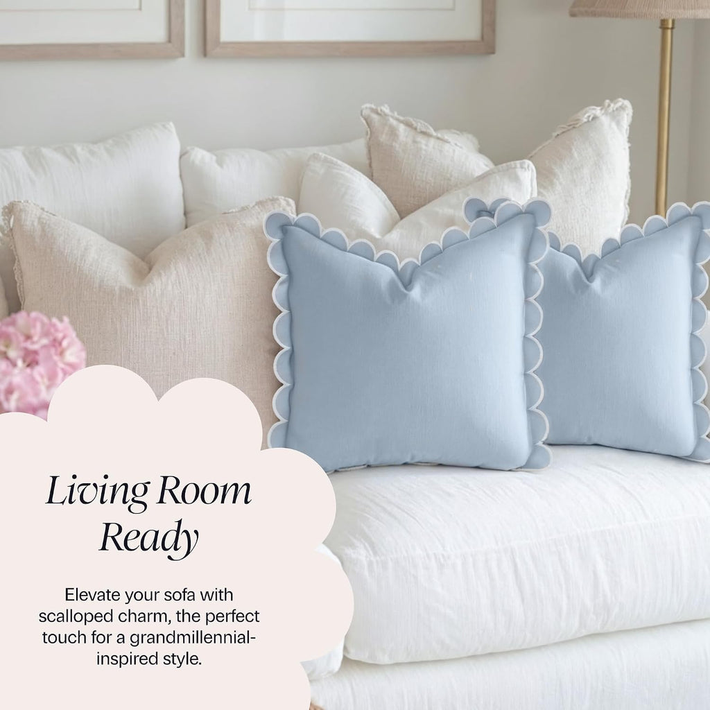 BEBE BASK Scalloped Pillow Cover Set of 2, 18x18, Cotton - Sky Blue/White