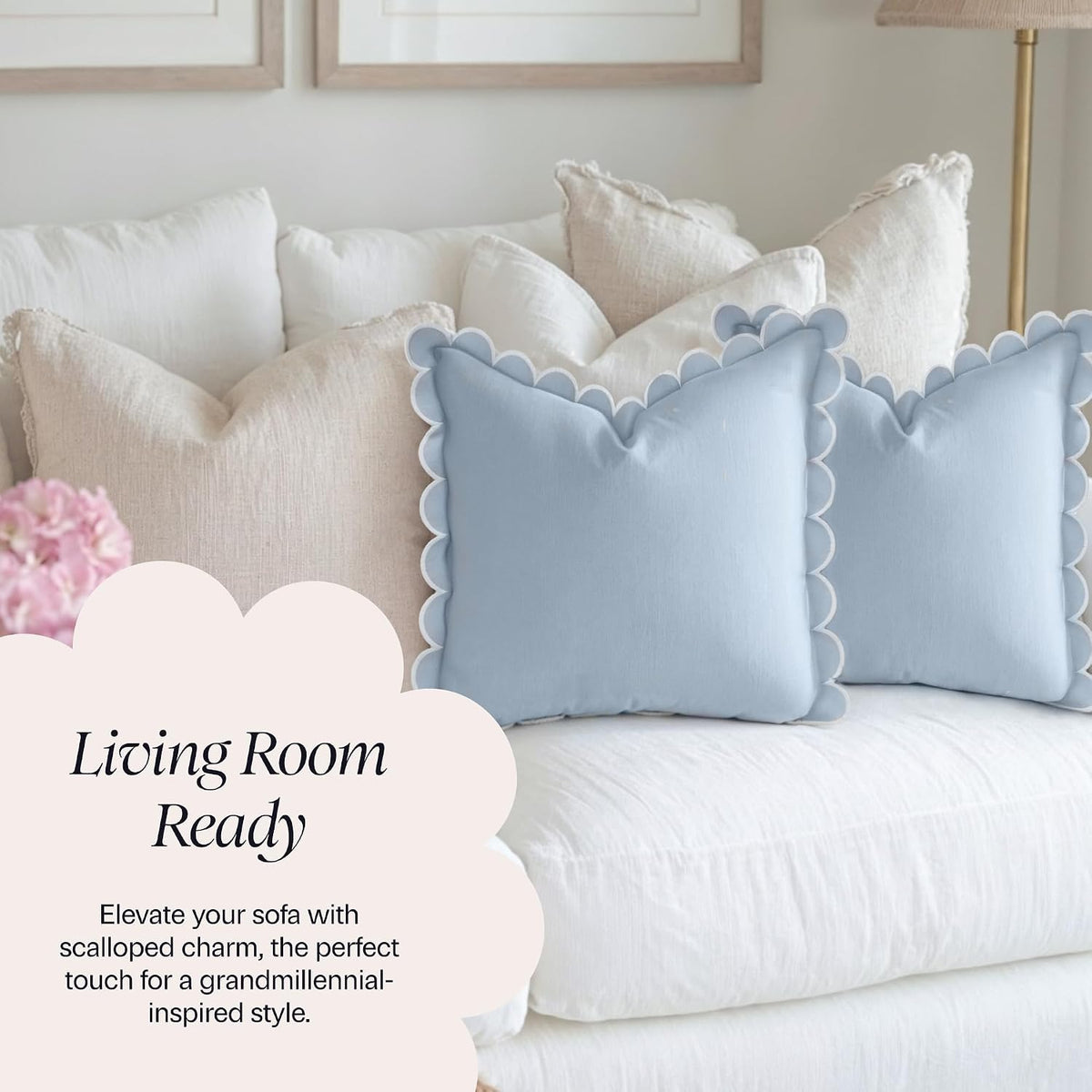 BEBE BASK Scalloped Pillow Cover Set of 2, 18x18, Cotton - Sky Blue/White