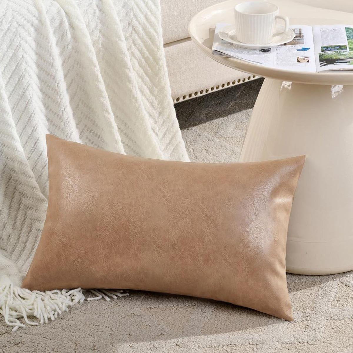 Fancy Homi Brown Boho Long Lumbar Faux Leather Body Decorative Throw Pillow Cover 14x36 Inch for Bedroom Couch Bed Sofa Bench, Hand Stitched Stylish Pillowcase, Rustic Modern Farmhouse Room Decor