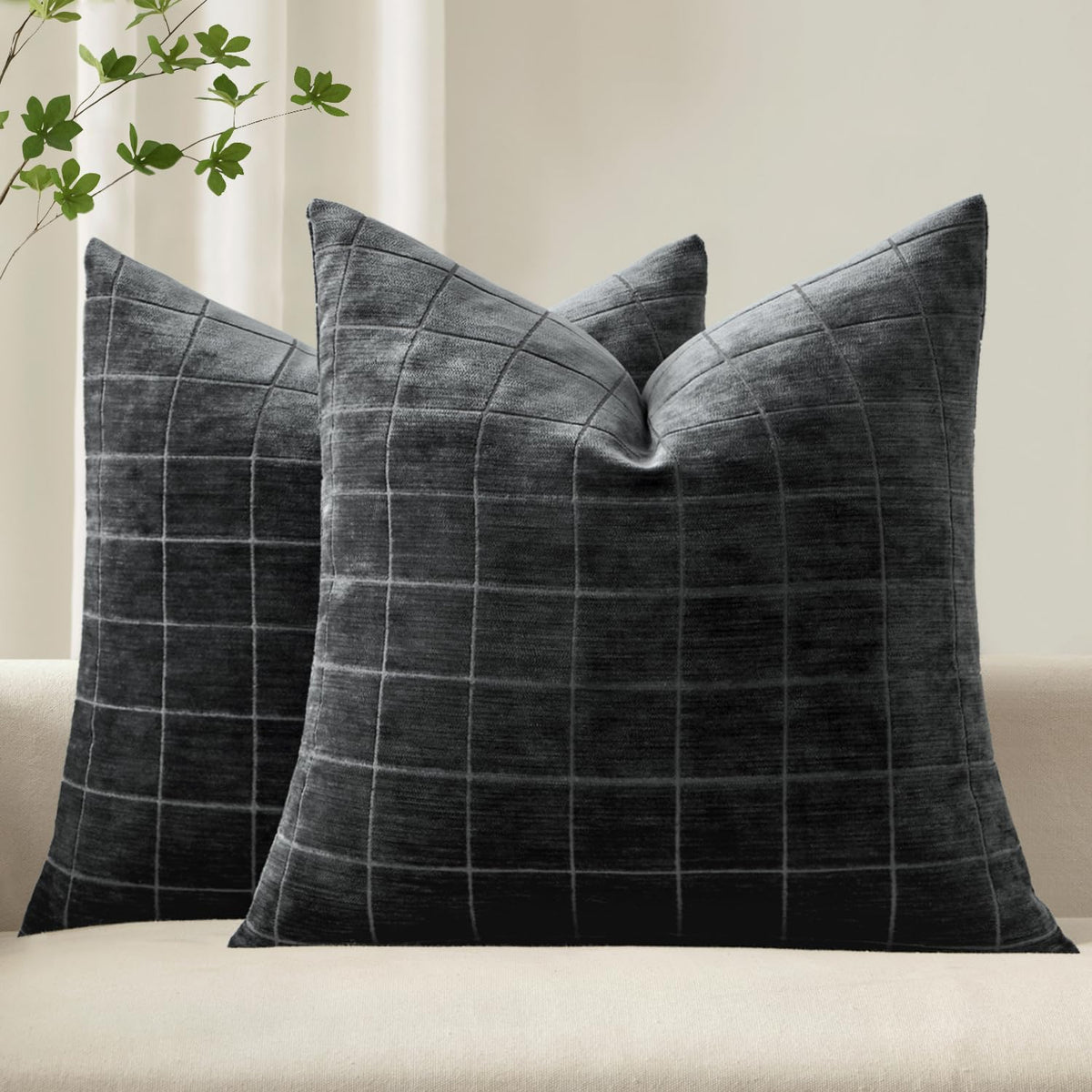 MIULEE Taupe Grey Plaid Decorative Fall Throw Pillow Covers 20x20 Set of 2