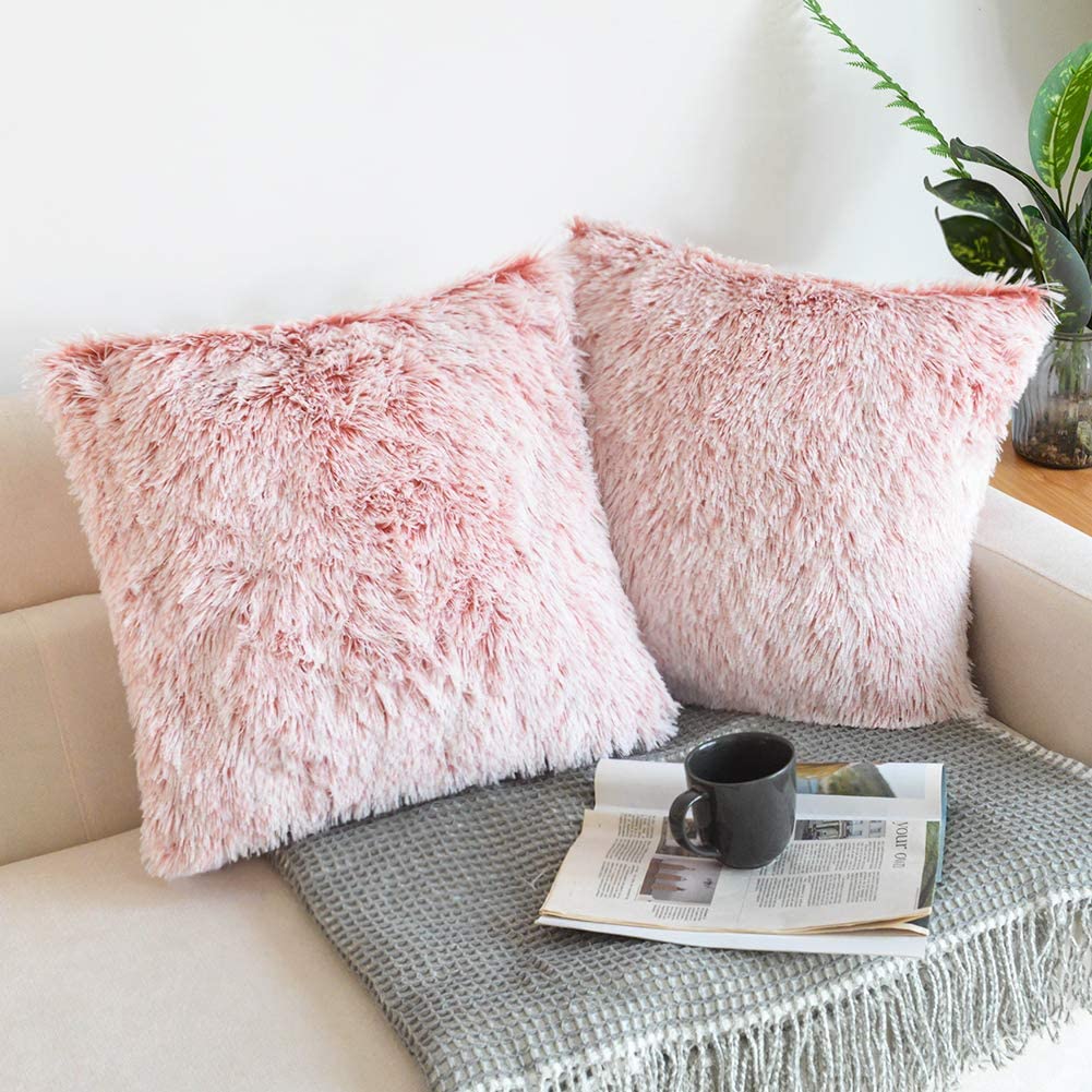 NordECO HOME Luxury Soft Faux Fur Fleece Cushion Cover Pillowcase Spring Decorative Throw Pillows Covers, No Pillow Insert, 18" x 18" Inch, White, 2 Pack