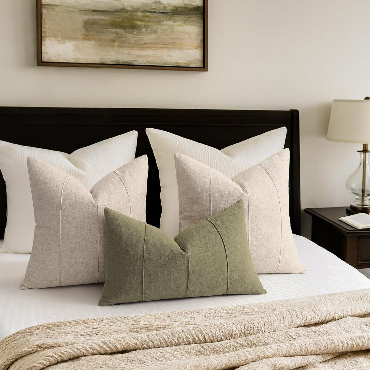 Decorative Linen Throw Pillow Covers 18x18 Set of 2 Solid handcrafted Striped Cushion Covers for Bed Soft Modern Farmhouse Neutral Pillowcase for Couch Bedroom Living Room Home Decor(Natural Beige)