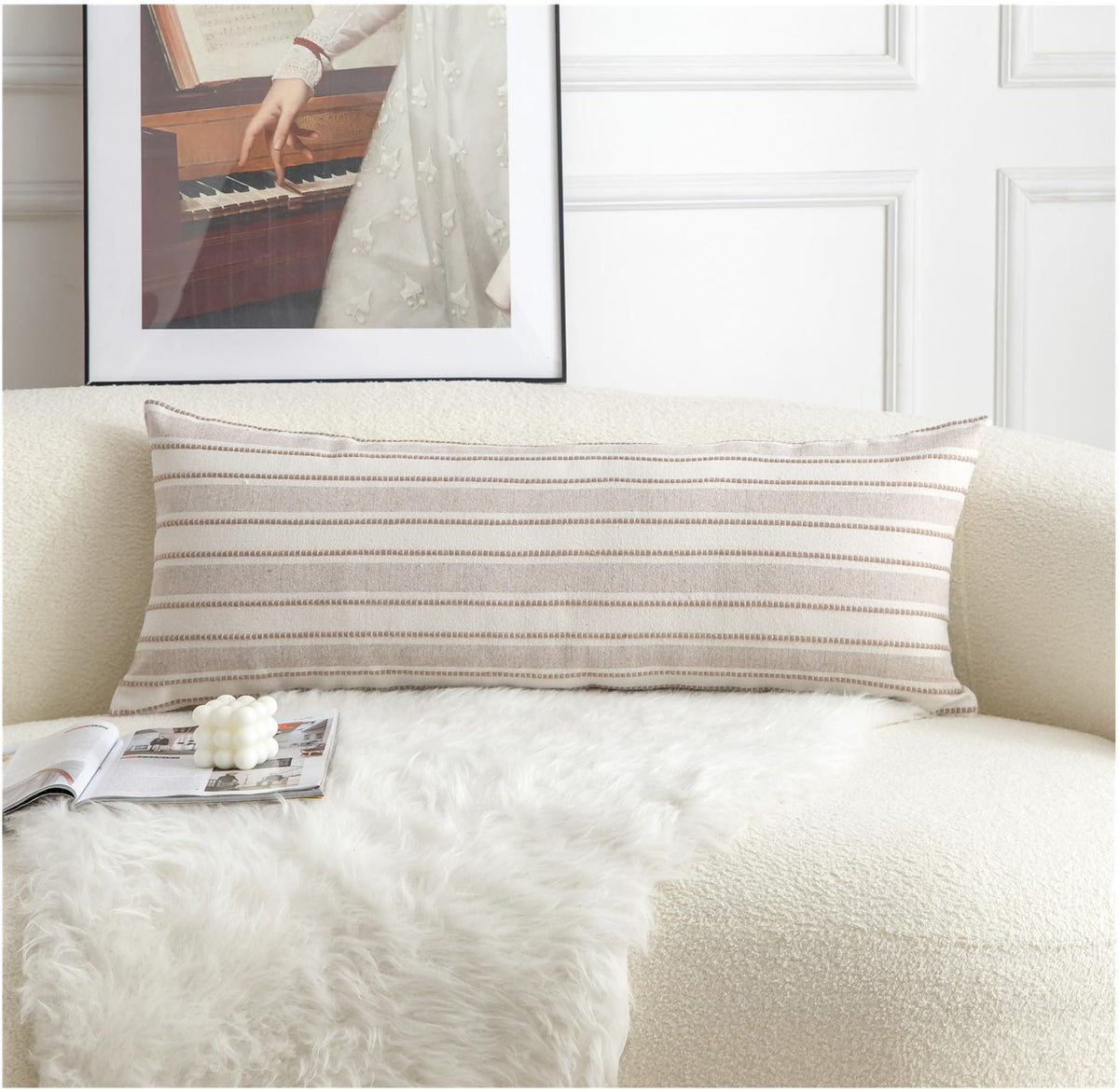 Cethom Decorative Boho Throw Pillow Covers, Farmhouse Textured Pillow Case, 20 x 20 Inch Set of 2, Chair Sofa Bedroom Living Room Home Decor Couch Cushion Case, Classic Blue and Beige Striped