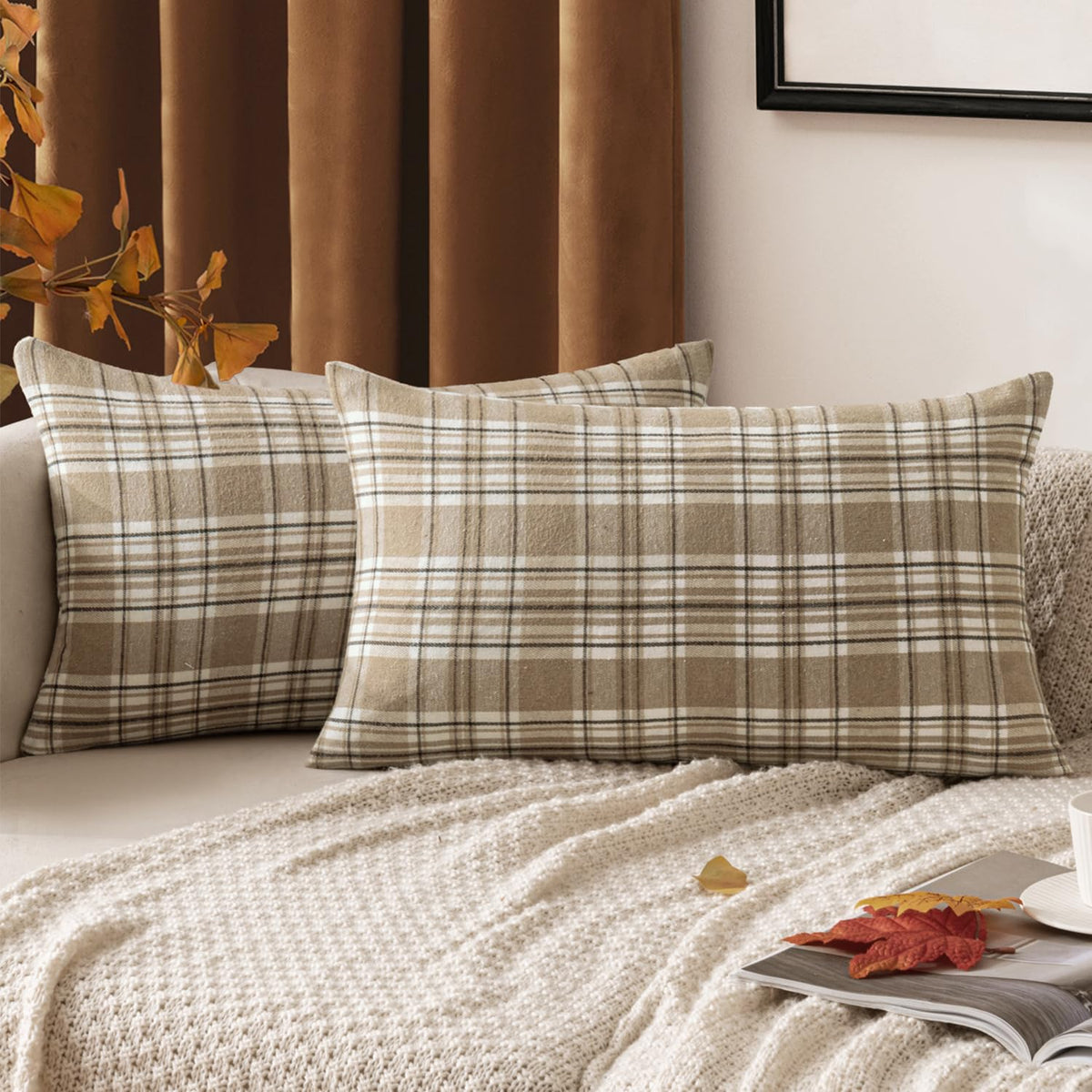MIULEE Fall Plaid Pillow Covers Scottish Tartan 18x18 Brown