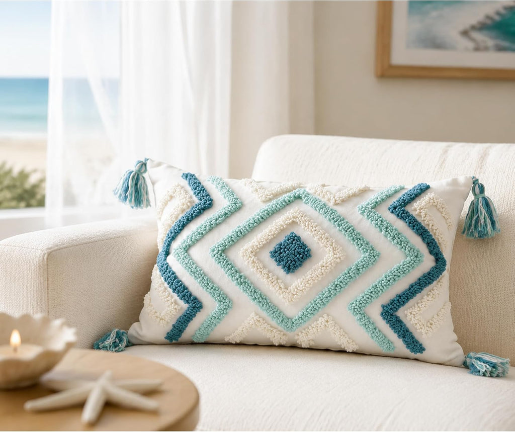 Lumbar Boho Pillow Covers 12x20 Tufted Teal for Couch Bed Teal