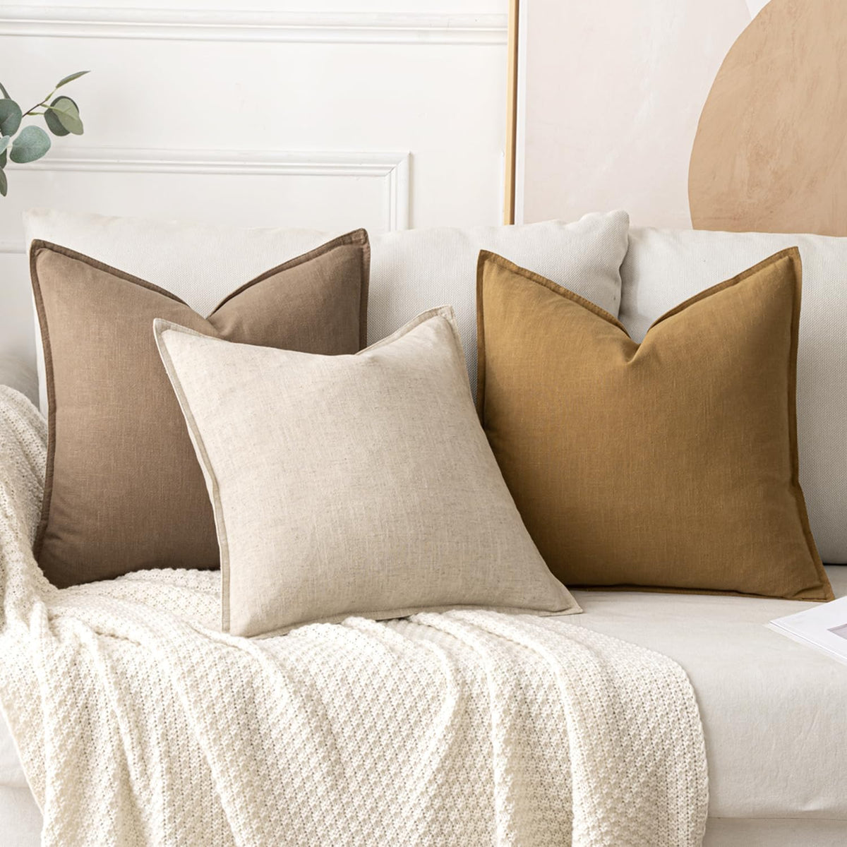 MIULEE Decorative Linen Euro Sham Pillow Covers 22x22 Inch Natural Beige