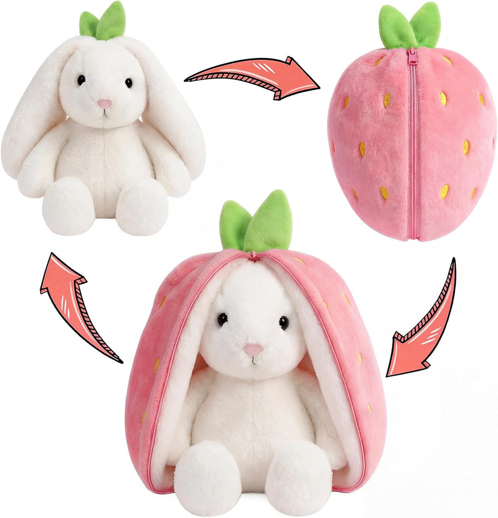 Freetoes Funny Strawberry Bunny Stuffed Animal,Strawberry Reversible Cuddle Bunnies Doll with Zipper Cute Soft Rabbit Toys Pillow,Kawaii Easter Bunny Plush Gifts or Valentines