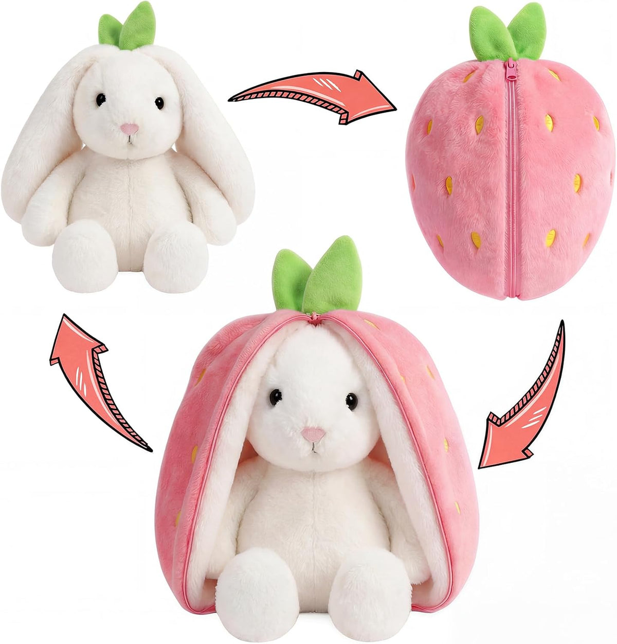 Freetoes Funny Strawberry Bunny Stuffed Animal,Strawberry Reversible Cuddle Bunnies Doll with Zipper Cute Soft Rabbit Toys Pillow,Kawaii Easter Bunny Plush Gifts or Valentines
