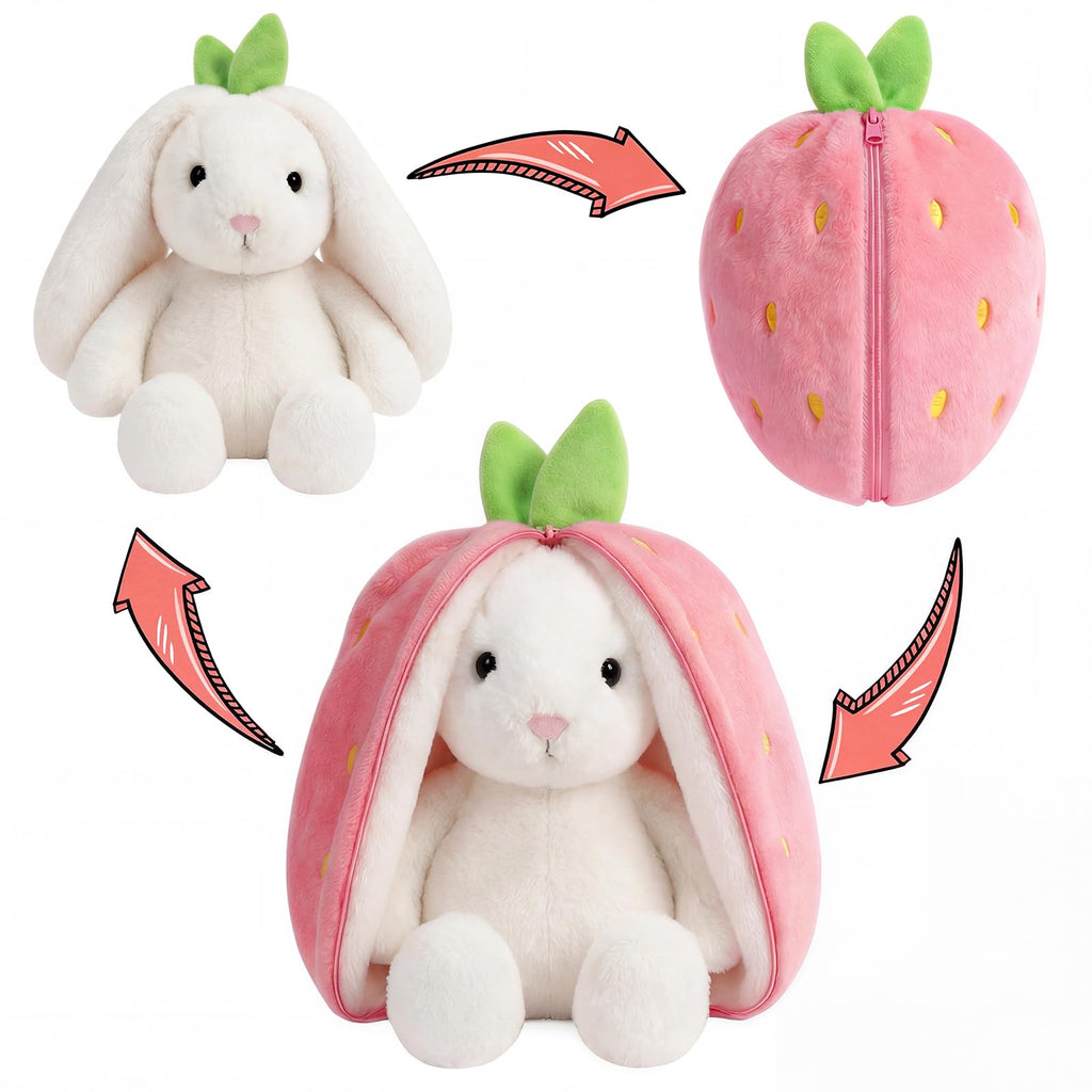 Freetoes Funny Strawberry Bunny Stuffed Animal,Strawberry Reversible Cuddle Bunnies Doll with Zipper Cute Soft Rabbit Toys Pillow,Kawaii Easter Bunny Plush Gifts or Valentines