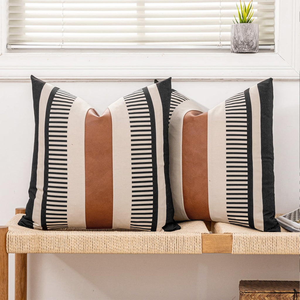 Decorative Striped Throw Pillow Cover 20x20 Inch Black White & Brown