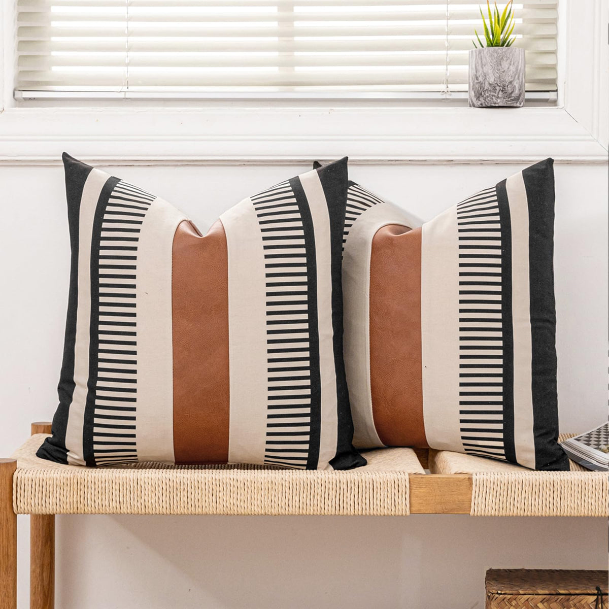 Decorative Striped Throw Pillow Cover 20x20 Inch Black White & Brown