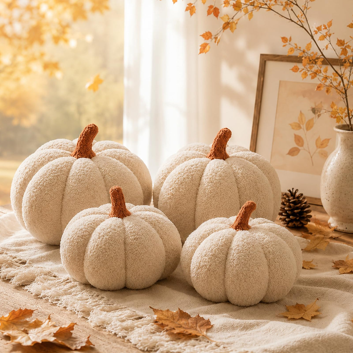 Juexica 3 Pcs Stuffed Pumpkin Pillows Fall Decor Cushions,Cool Neutral