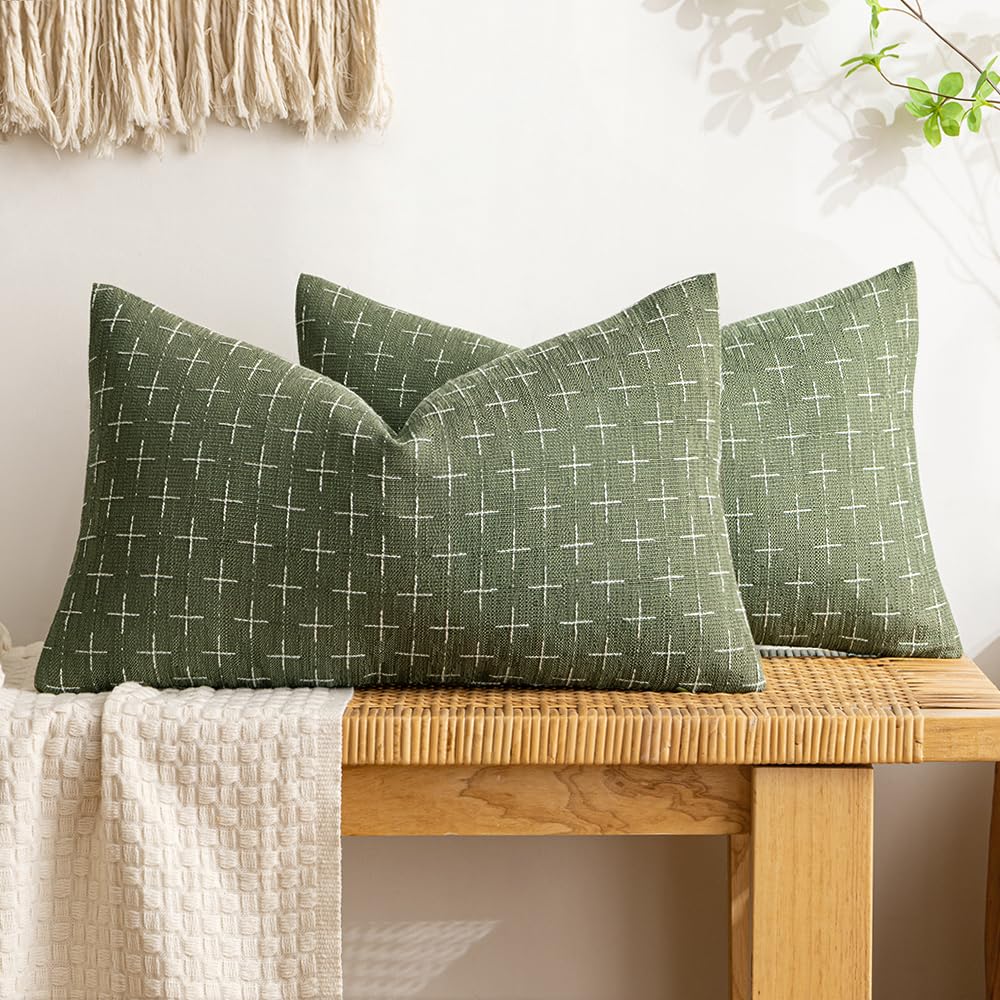 MIULEE Pack of 2 Decorative Vintage Burlap Linen Spring Throw Pillow Covers Modern Farmhouse Pillowcase Rustic Woven Textured Cushion Cover for Sofa Couch Bed 18x18 Inch Olive Green