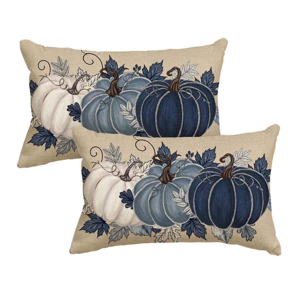 AVOIN colorlife Fall Blue Pumpkin Leaves Throw Pillow Cover 12x20 Inch