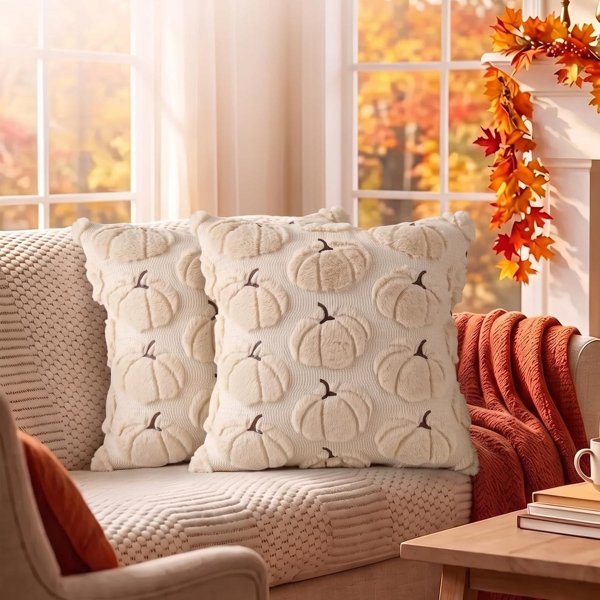 Fall Pillow Covers Pumpkin Fall Decor 18x18 Set of 2 Beige