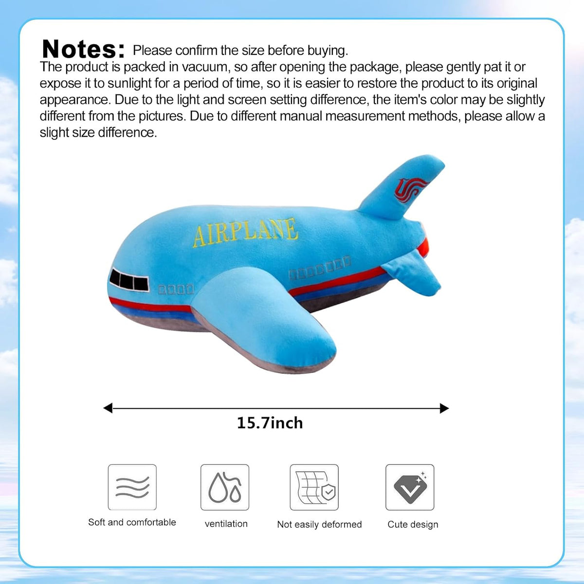 Stuffed Airplane Plush Toys Blue Plane Pillow,Gifts for Kids Adults 15.7 inches