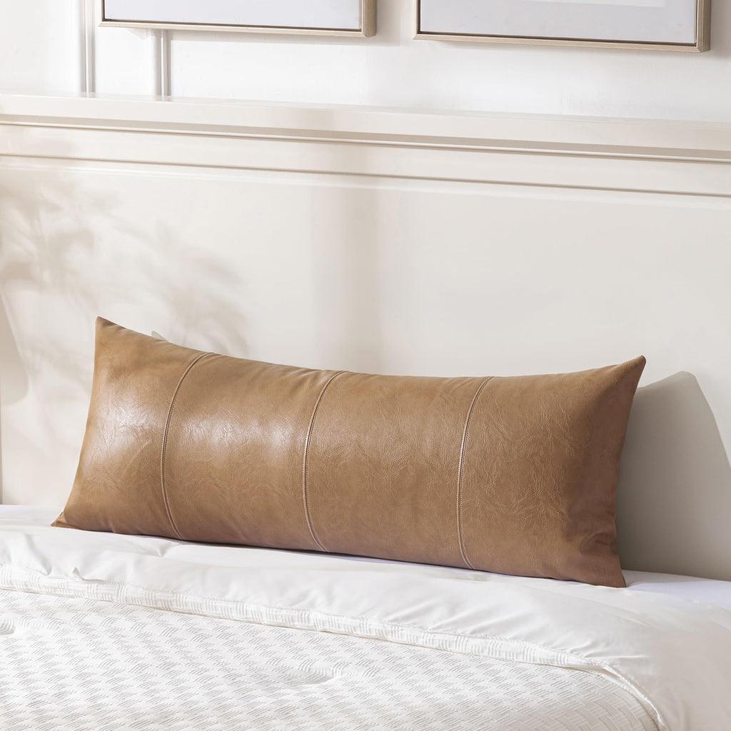 Fancy Homi Brown Boho Long Lumbar Faux Leather Body Decorative Throw Pillow Cover 14x36 Inch for Bedroom Couch Bed Sofa Bench, Hand Stitched Stylish Pillowcase, Rustic Modern Farmhouse Room Decor