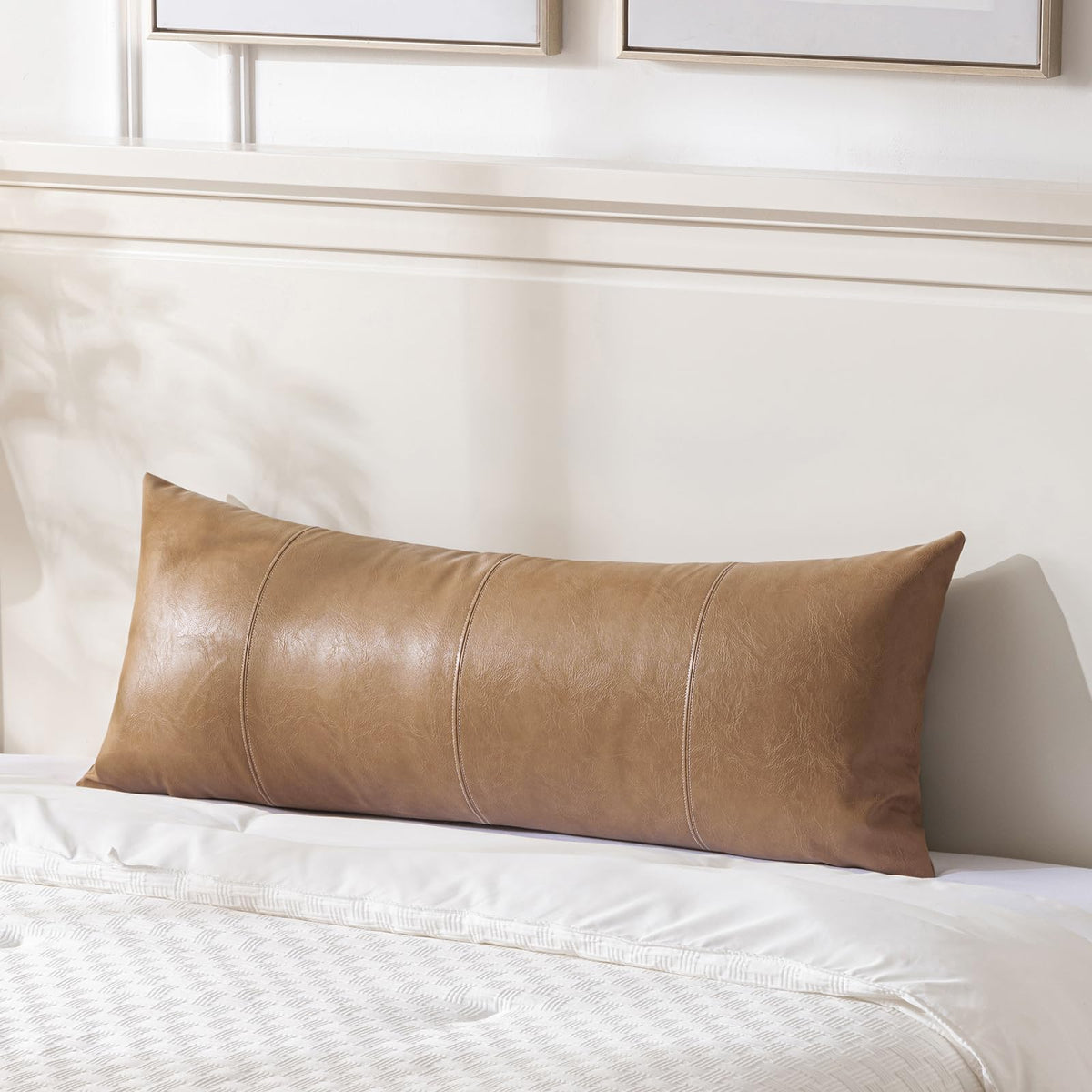 Fancy Homi Brown Boho Long Lumbar Faux Leather Body Decorative Throw Pillow Cover 14x36 Inch for Bedroom Couch Bed Sofa Bench, Hand Stitched Stylish Pillowcase, Rustic Modern Farmhouse Room Decor