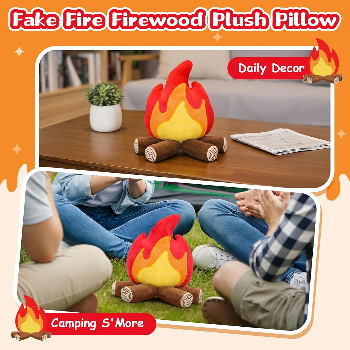 FunisFun Campfire Plush Toys, Fake Fire Firewood Plush Pillow for Adults