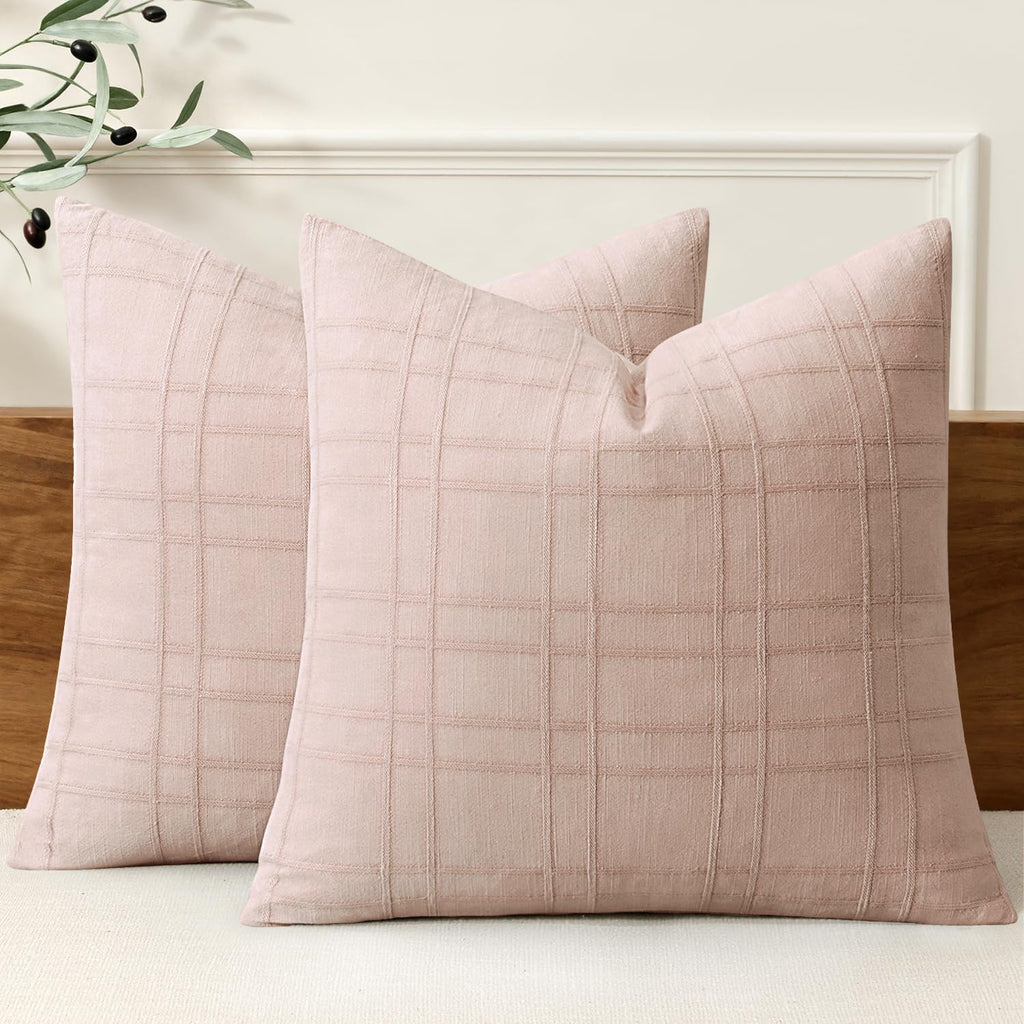 MIULEE Linen Plaid Pillow Covers Decorative 20x20 Natural Beige